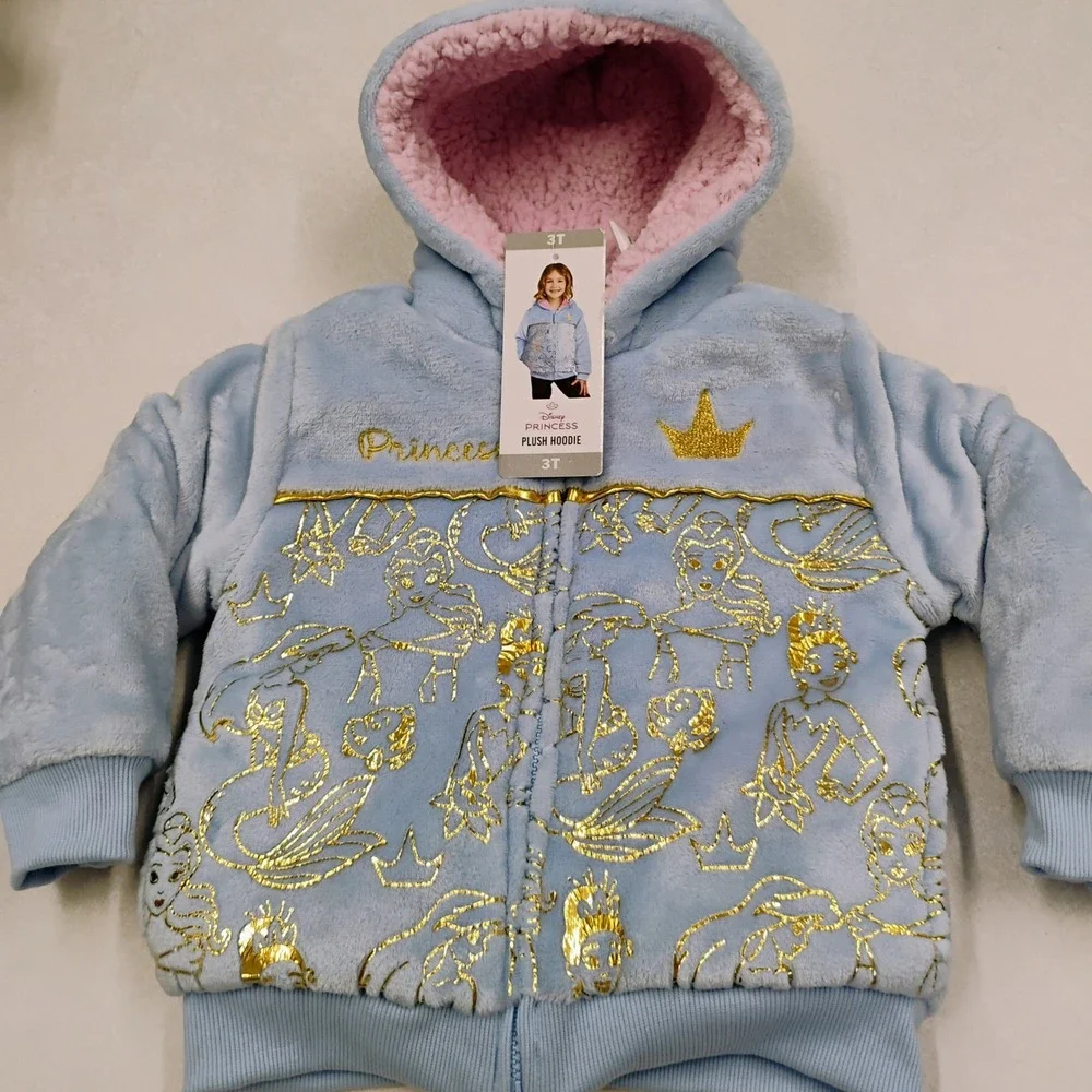 Disney Princess Jacket Coat Girls Toddler Hoodie Light Blue Gold Pink Sherpa  3T